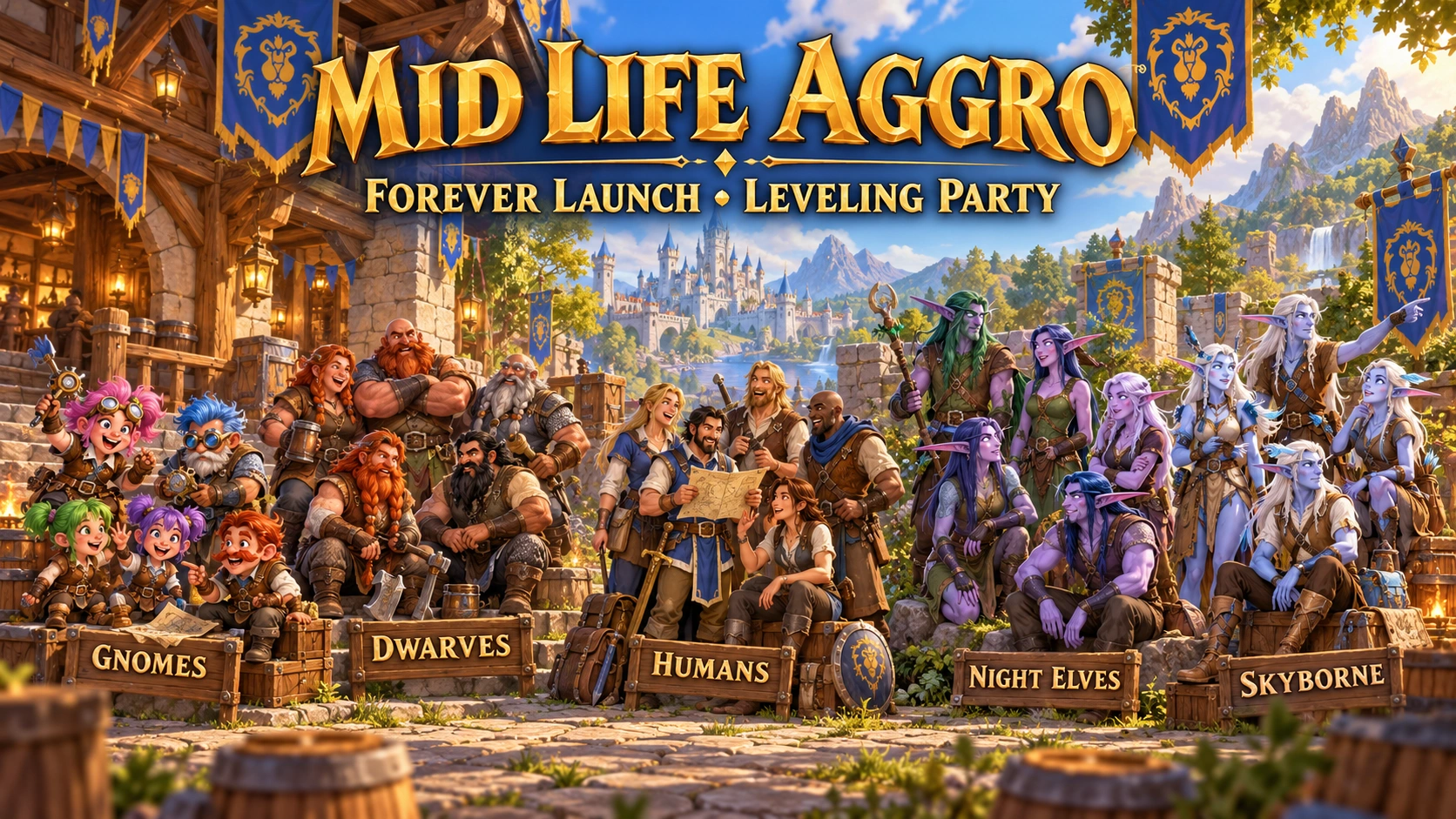 Complete Mid Life Aggro Forever Launch Leveling Party flyer