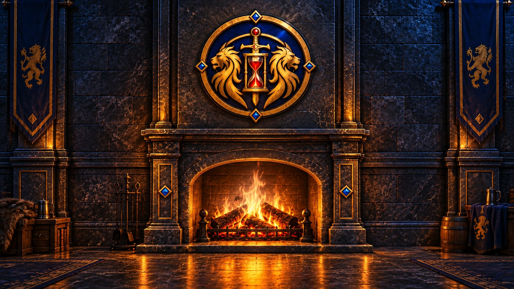 The Mid Life Aggro hearth, with two golden lions and a red-sand hourglass above the fire.